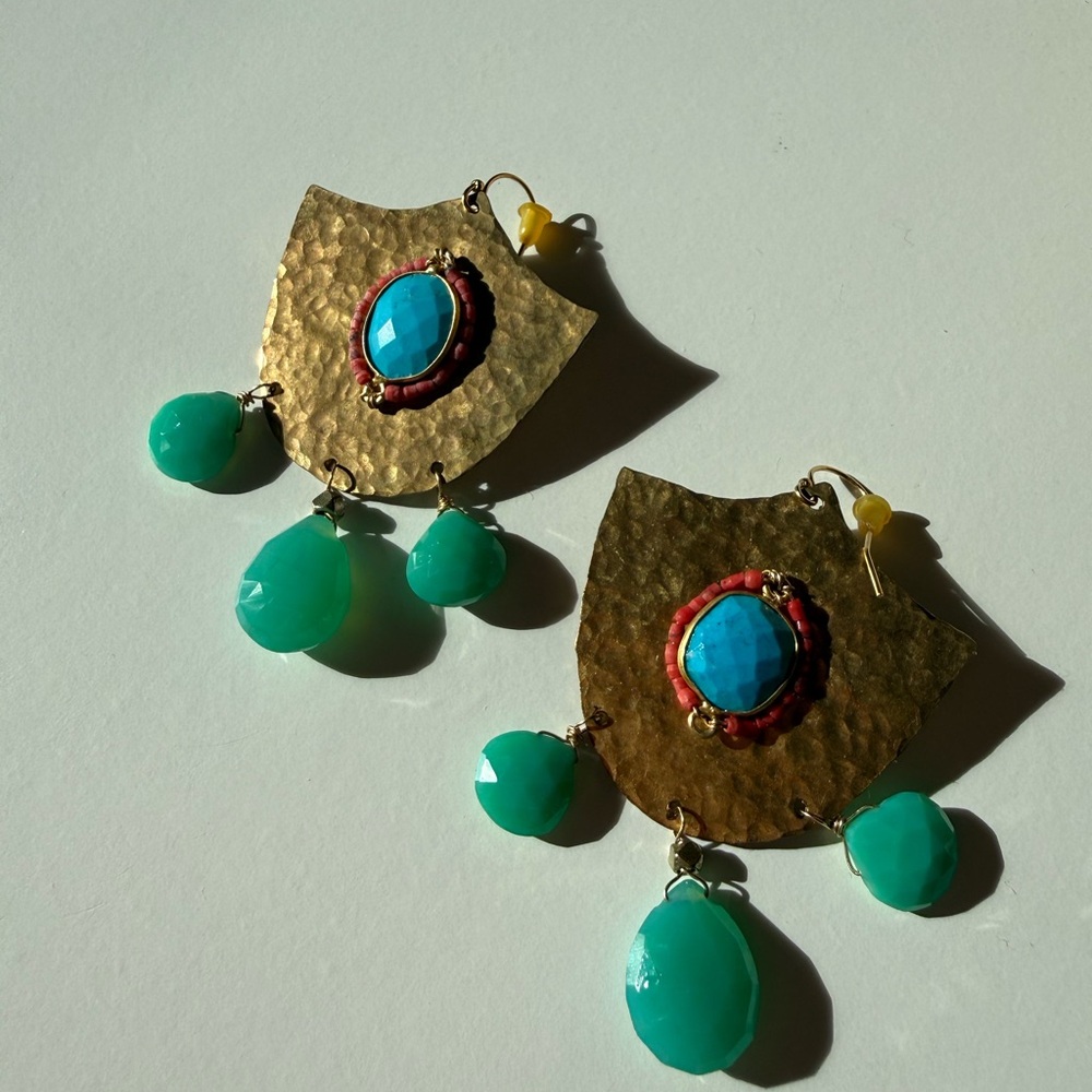 Gold Brass Hammered Gemstone Statement Dangle Earrings